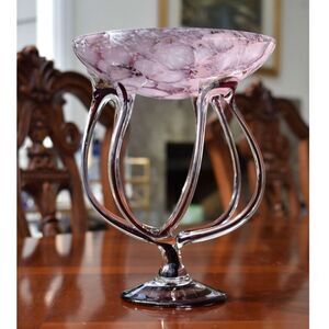 Jozefina Krosno Poland Hand Blown Jellyfish Purple Art Glass Compote Bowl - 9"